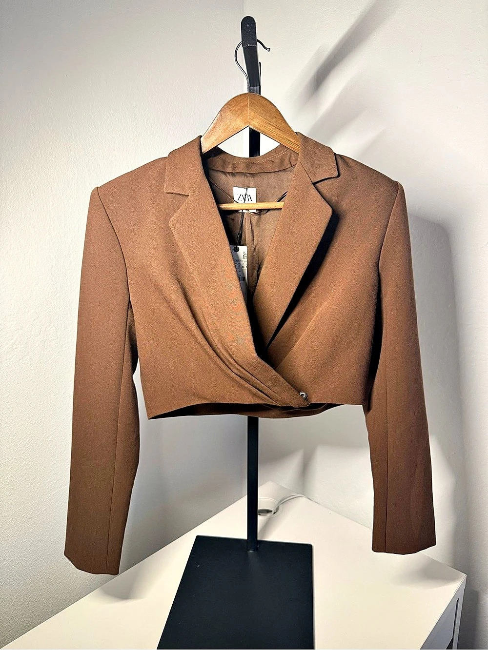 Zara Cropped Shoulder Pad Blazer Brown Size Small